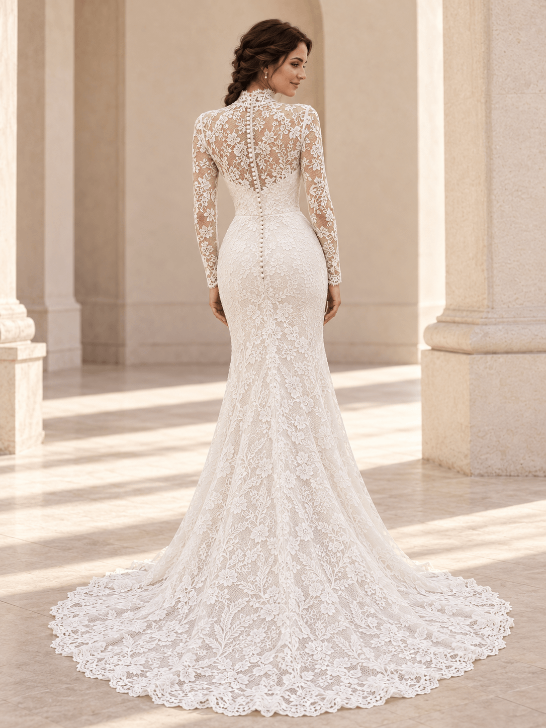 White High Neck Long Sleeves Lace Mermaid Wedding Dress