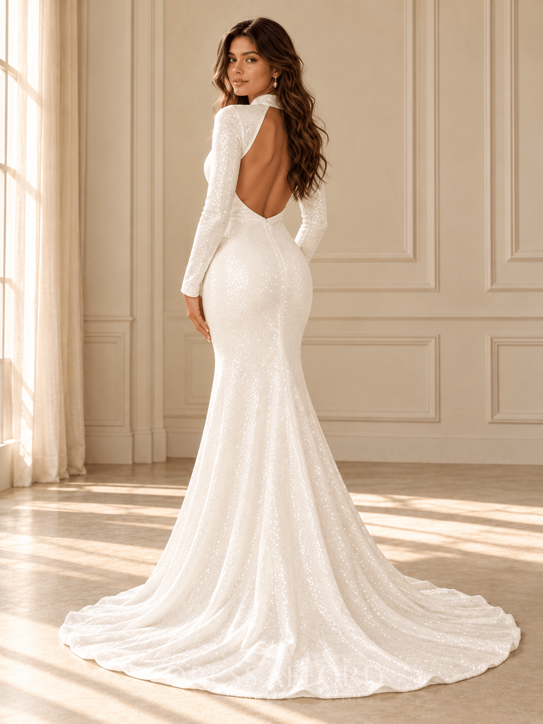 White High Neck Long Sleeve Sequin Mermaid Wedding Dress With Thigh Slit