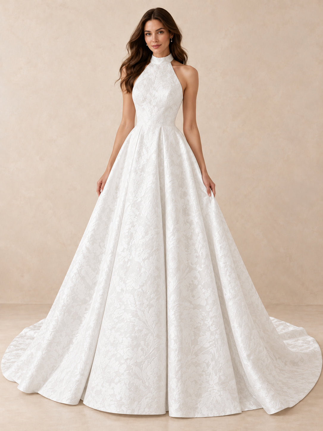 White Jacquard High Halter Ball Gown Wedding Dress with Sweep Train