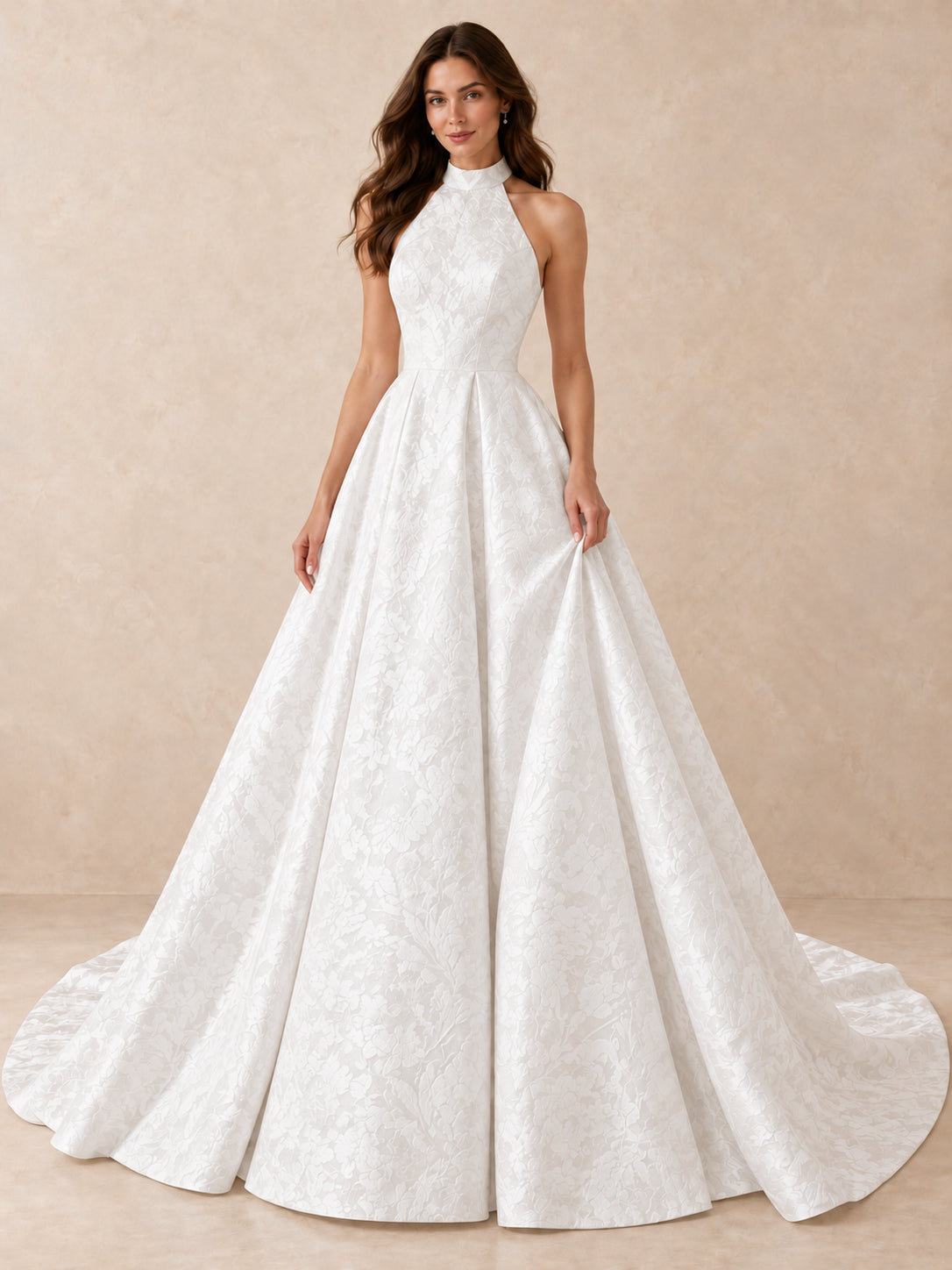 White Jacquard High Halter Ball Gown Wedding Dress with Sweep Train
