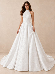 White Jacquard High Halter Ball Gown Wedding Dress with Sweep Train