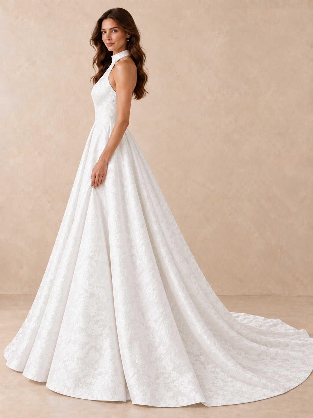 White Jacquard High Halter Ball Gown Wedding Dress with Sweep Train