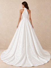 White Jacquard High Halter Ball Gown Wedding Dress with Sweep Train