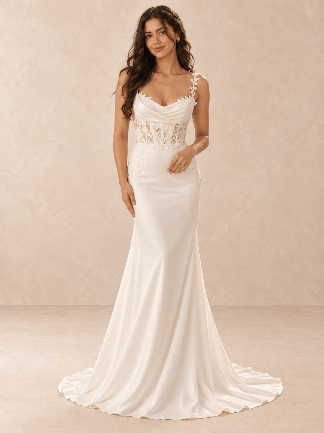 White Lace Appliqué Satin Mermaid Wedding Dress with Chapel Train