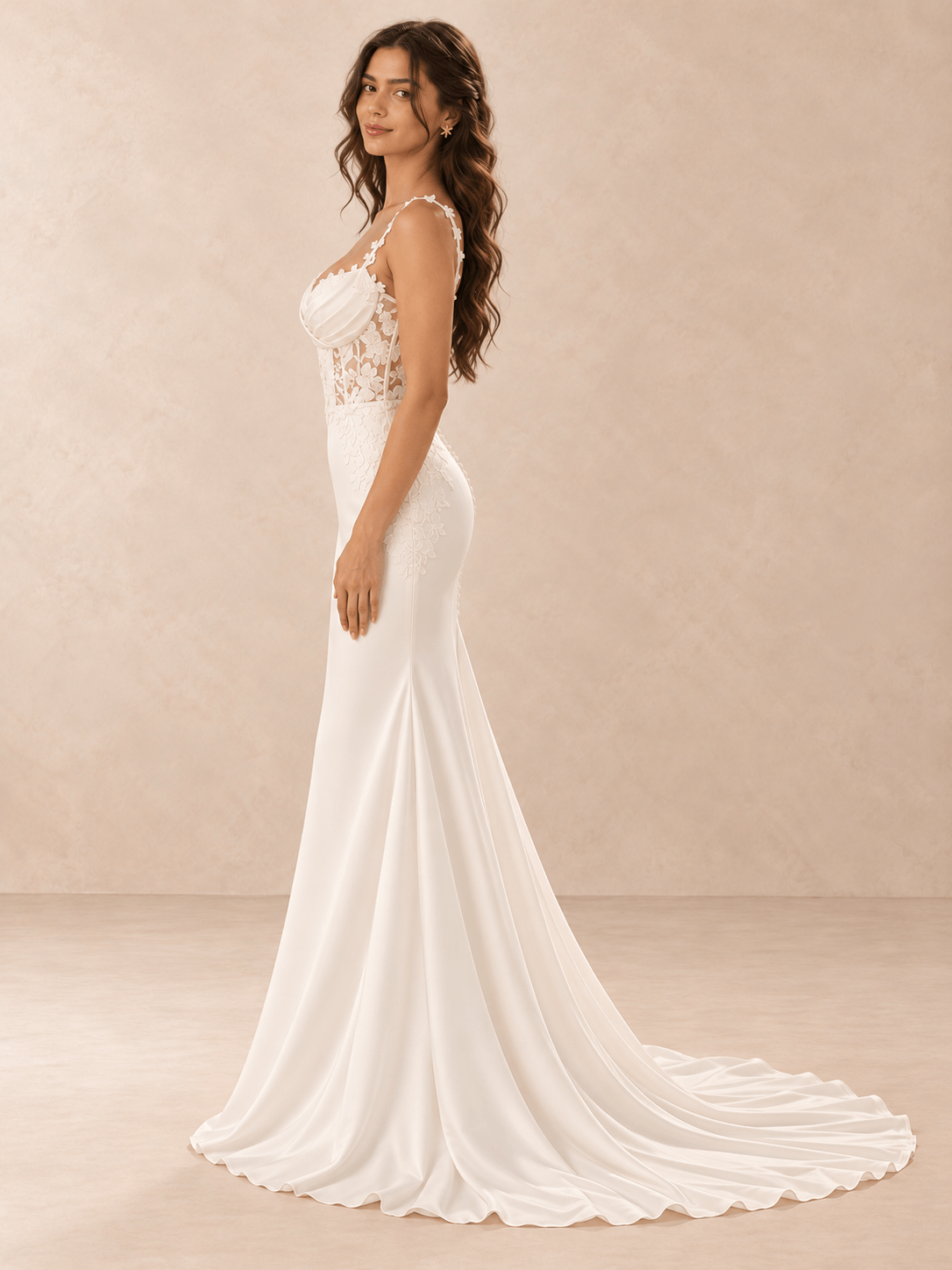 White Lace Appliqué Satin Mermaid Wedding Dress with Chapel Train