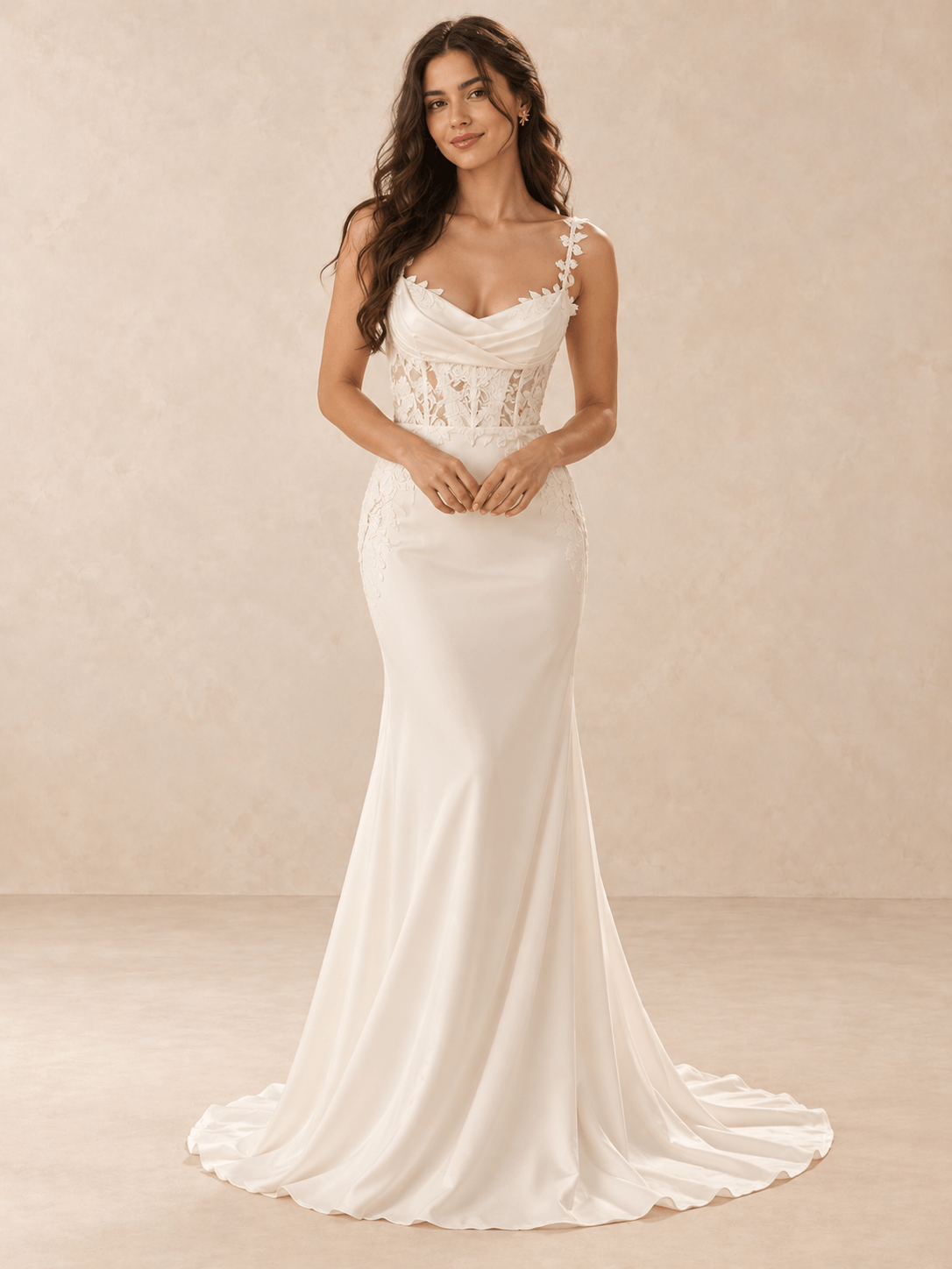 White Lace Appliqué Satin Mermaid Wedding Dress with Chapel Train