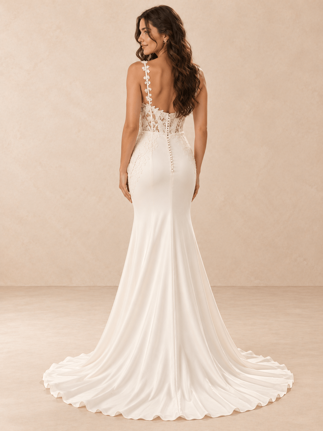 White Lace Appliqué Satin Mermaid Wedding Dress with Chapel Train