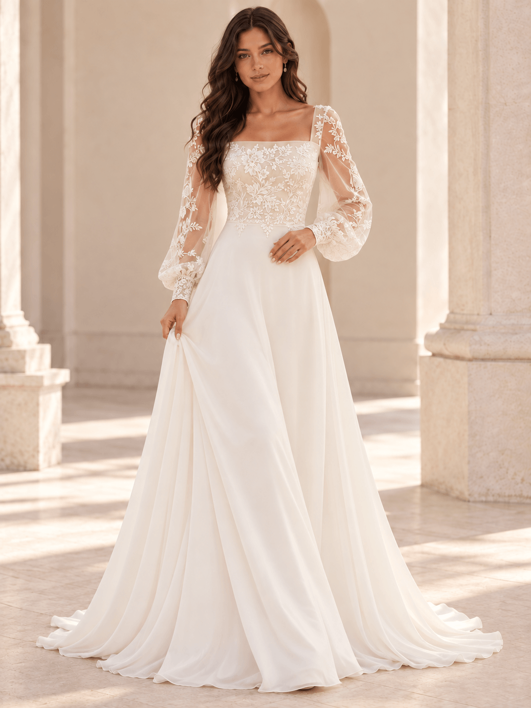 White Long Puff Sleeves Lace Appliqué A-Line Wedding Dress