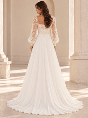 White Long Puff Sleeves Lace Appliqué A-Line Wedding Dress