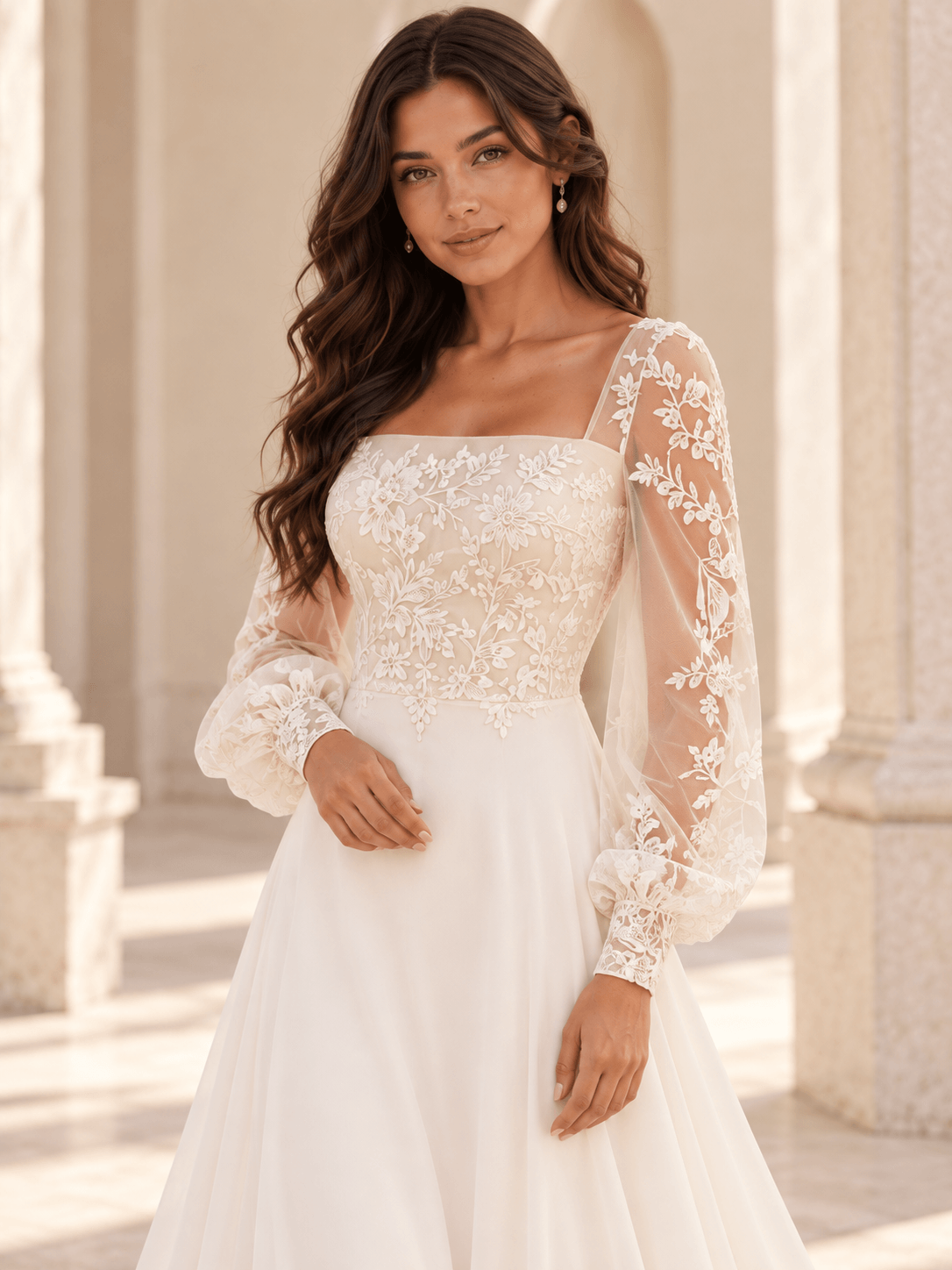 White Long Puff Sleeves Lace Appliqué A-Line Wedding Dress