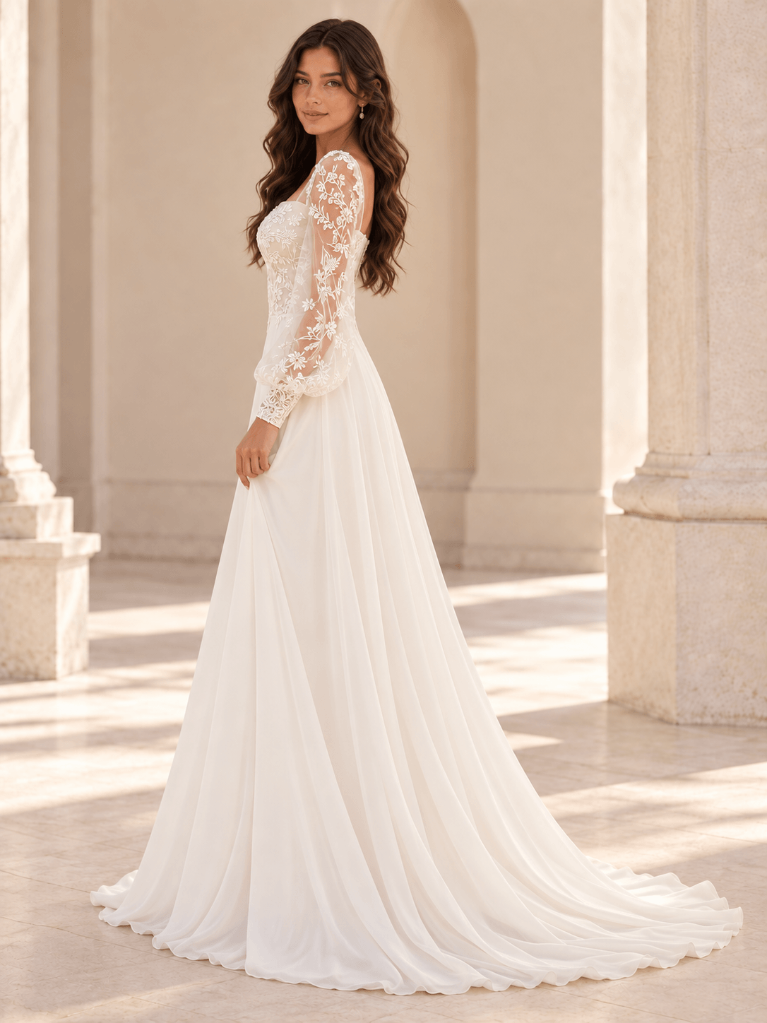 White Long Puff Sleeves Lace Appliqué A-Line Wedding Dress