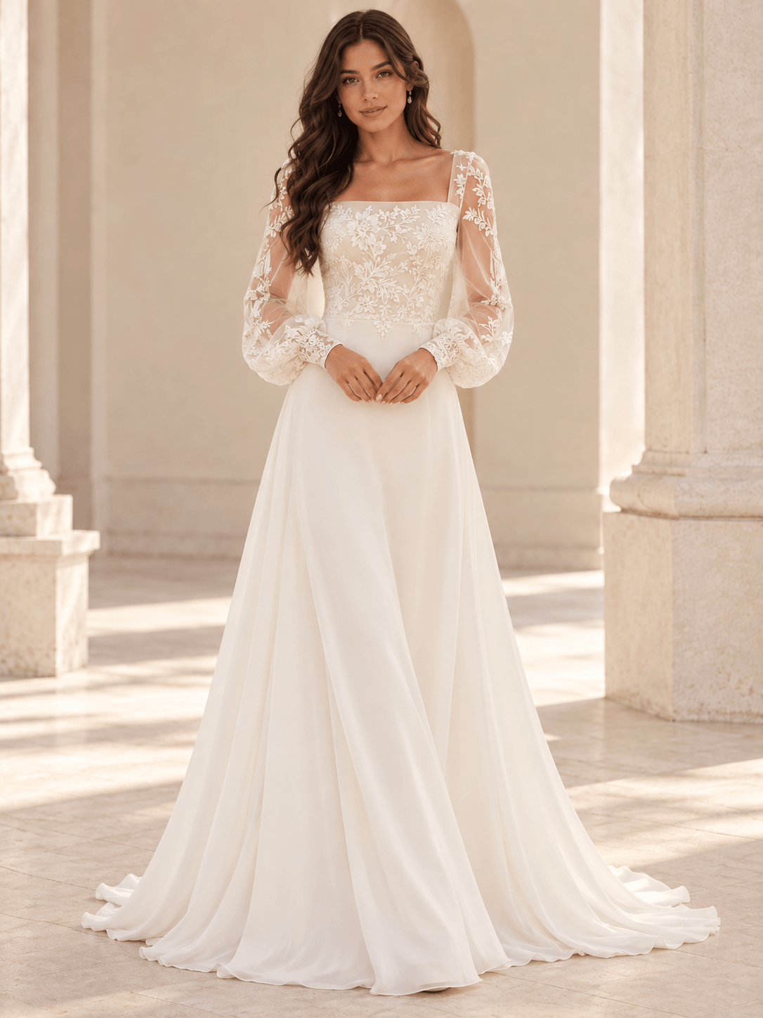 White Long Puff Sleeves Lace Appliqué A-Line Wedding Dress