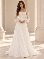 White Long Puff Sleeves Lace Appliqué A-Line Wedding Dress