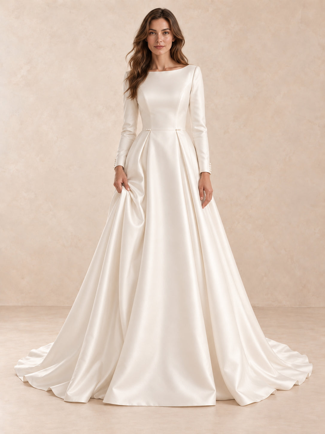 White Long Sleeve Bateau Neck Satin Wedding Dress with Sweep Train