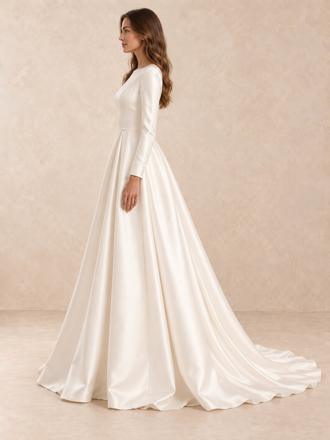 White Long Sleeve Bateau Neck Satin Wedding Dress with Sweep Train