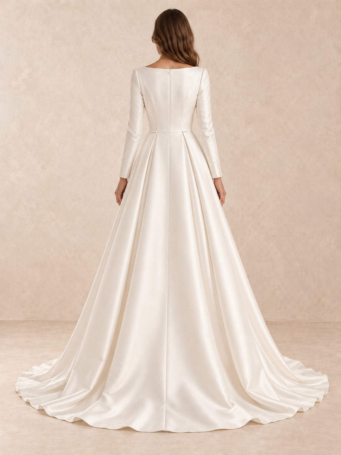 White Long Sleeve Bateau Neck Satin Wedding Dress with Sweep Train