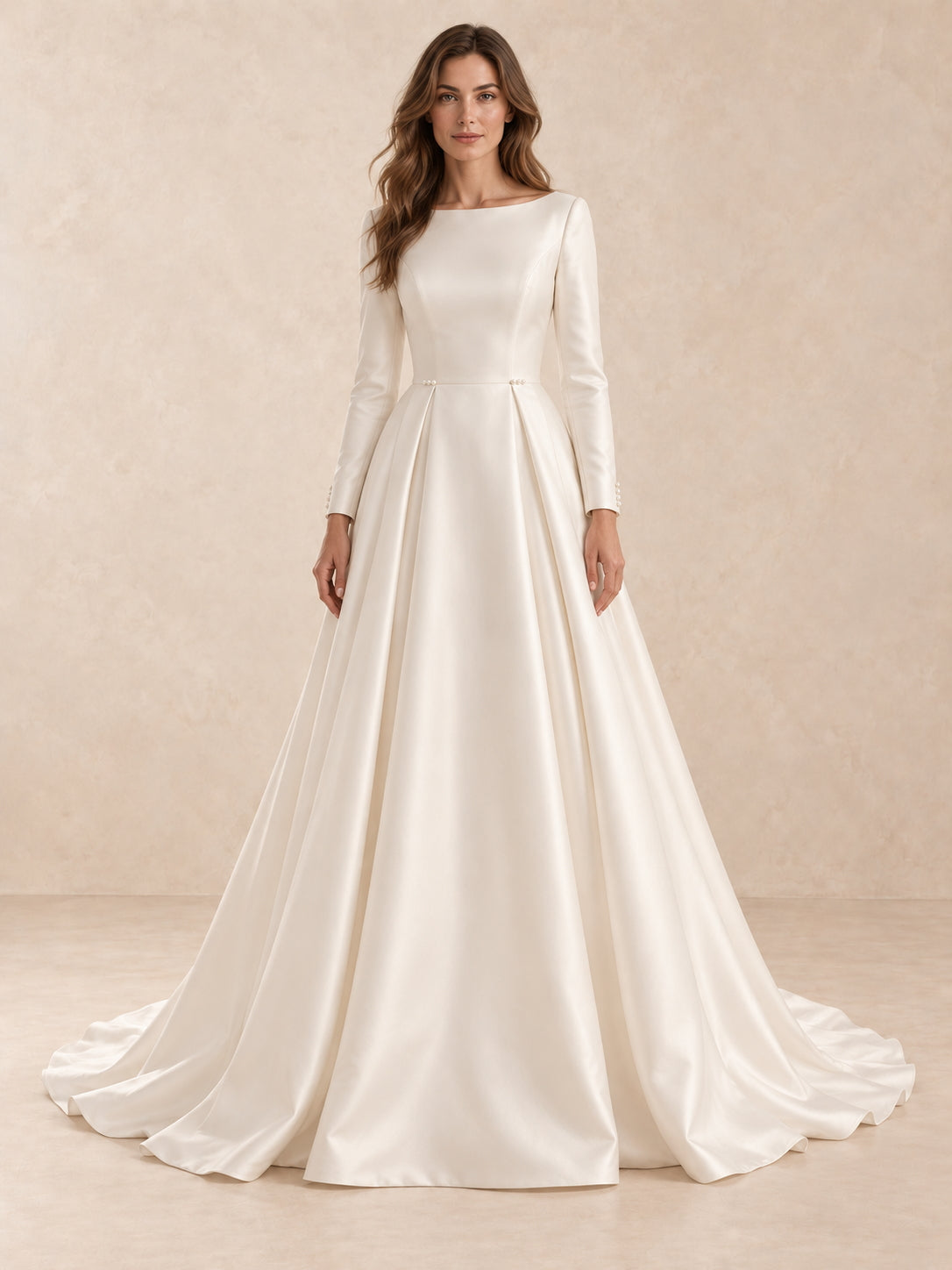 White Long Sleeve Bateau Neck Satin Wedding Dress with Sweep Train