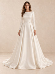 White Long Sleeve Bateau Neck Satin Wedding Dress with Sweep Train