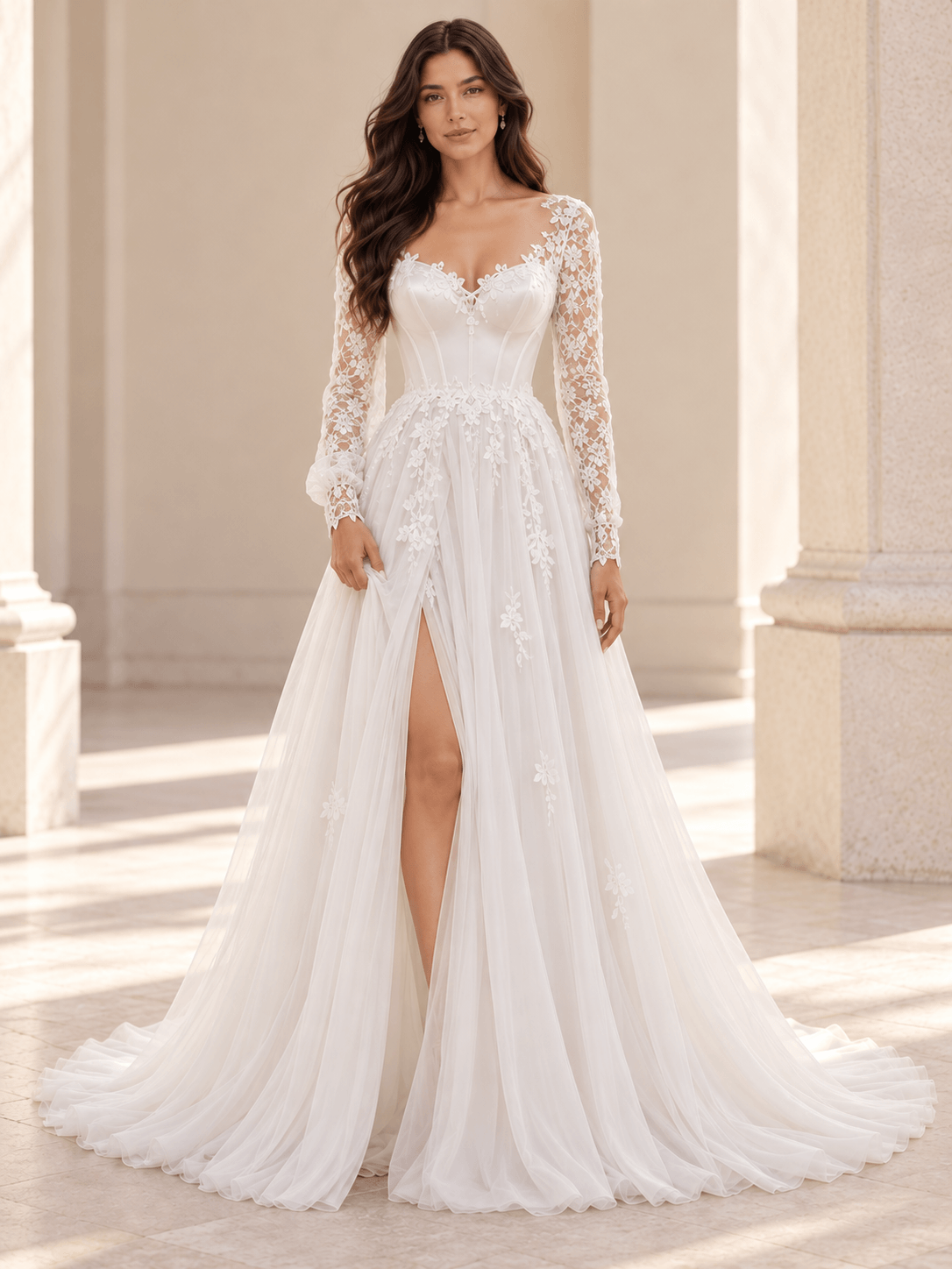 White Long Sleeve Lace Appliqué Wedding Dress With Tulle Skirt and Slit
