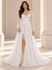 White Long Sleeve Lace Appliqué Wedding Dress With Tulle Skirt and Slit
