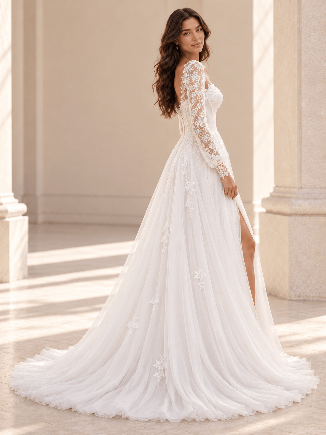 White Long Sleeve Lace Appliqué Wedding Dress With Tulle Skirt and Slit
