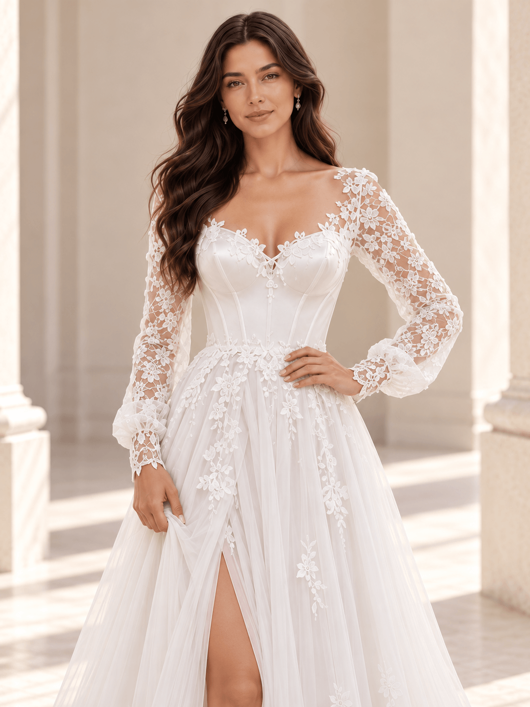 White Long Sleeve Lace Appliqué Wedding Dress With Tulle Skirt and Slit