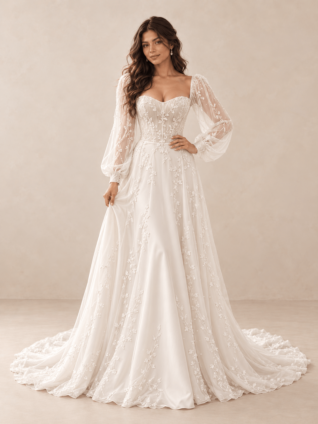 White Long Sleeve Sweetheart A-Line Wedding Dress with Vine Appliqués
