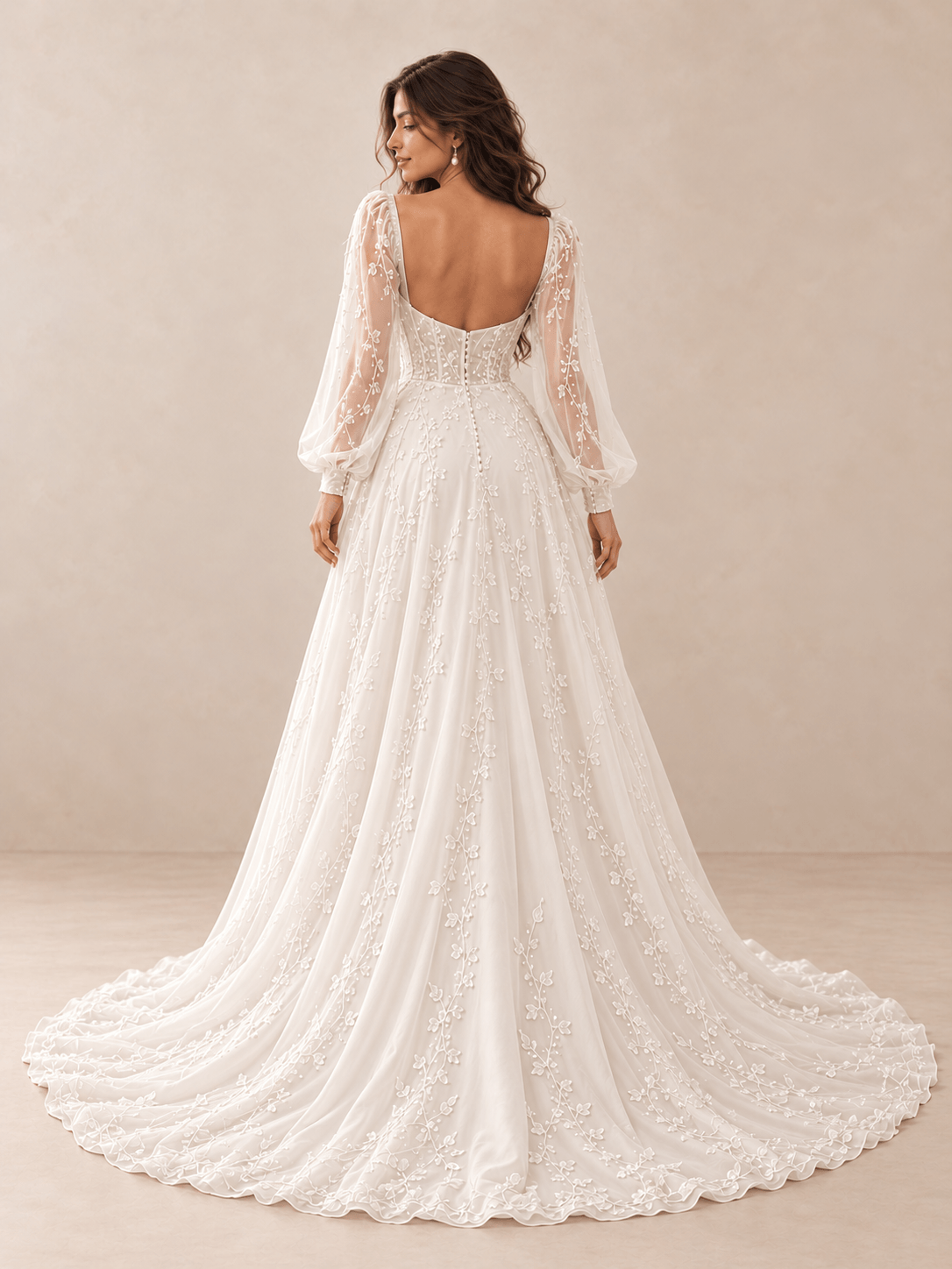 White Long Sleeve Sweetheart A-Line Wedding Dress with Vine Appliqués
