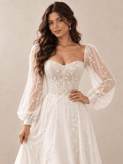 White Long Sleeve Sweetheart A-Line Wedding Dress with Vine Appliqués