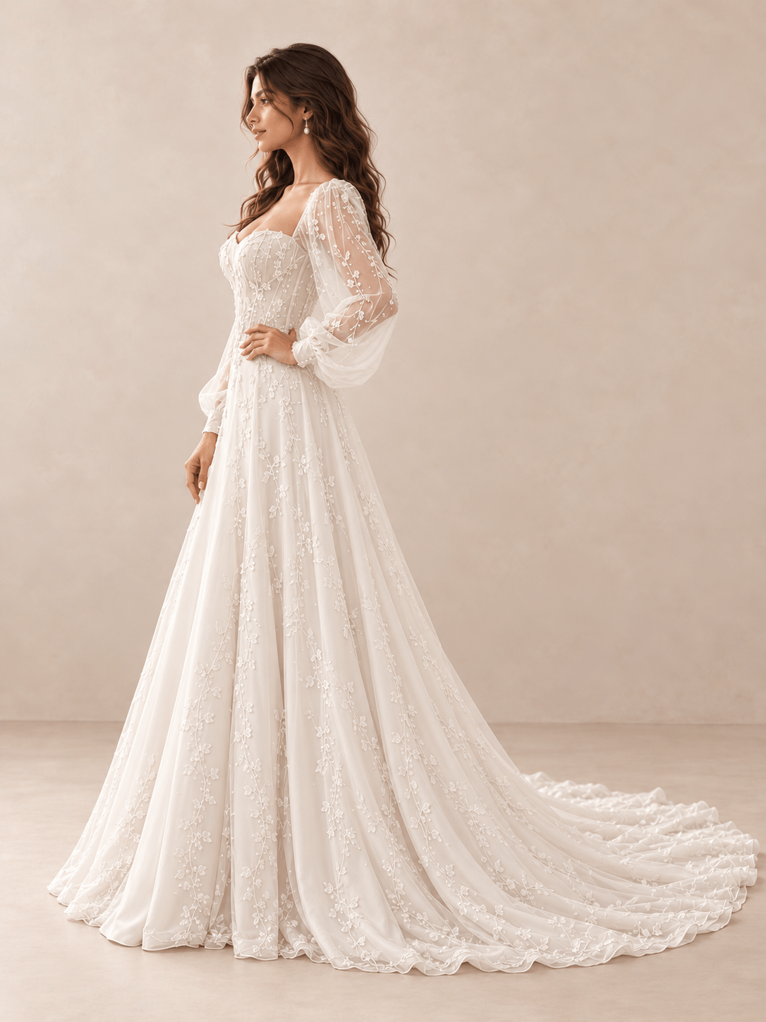 White Long Sleeve Sweetheart A-Line Wedding Dress with Vine Appliqués