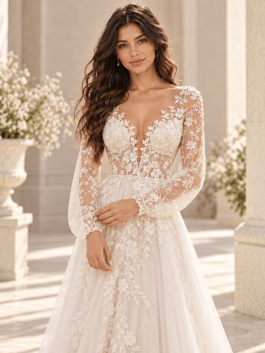 White Long Sleeve V-Neck Lace A-Line Wedding Dress with Botanical Appliqué