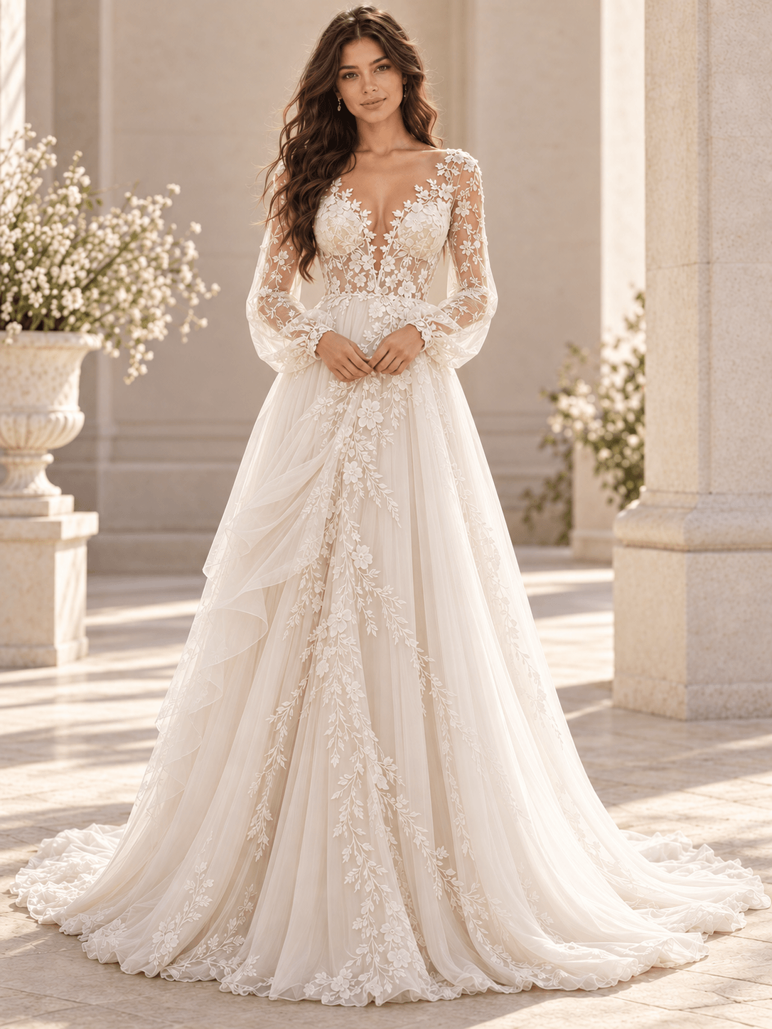White Long Sleeve V-Neck Lace A-Line Wedding Dress with Botanical Appliqué