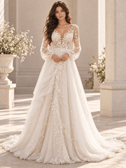 White Long Sleeve V-Neck Lace A-Line Wedding Dress with Botanical Appliqué