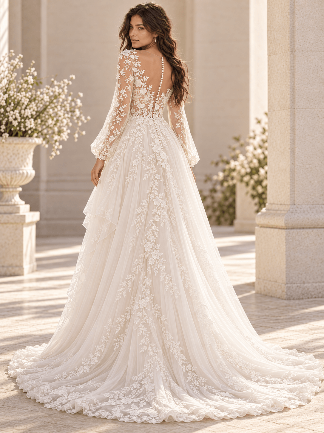 White Long Sleeve V-Neck Lace A-Line Wedding Dress with Botanical Appliqué