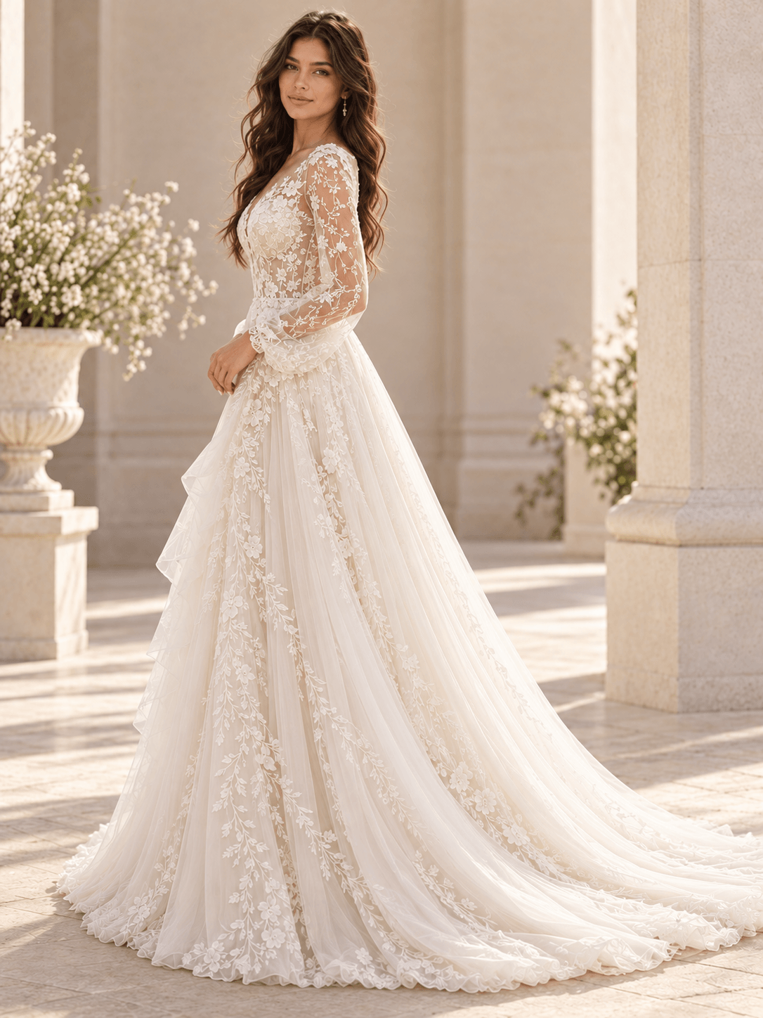 White Long Sleeve V-Neck Lace A-Line Wedding Dress with Botanical Appliqué