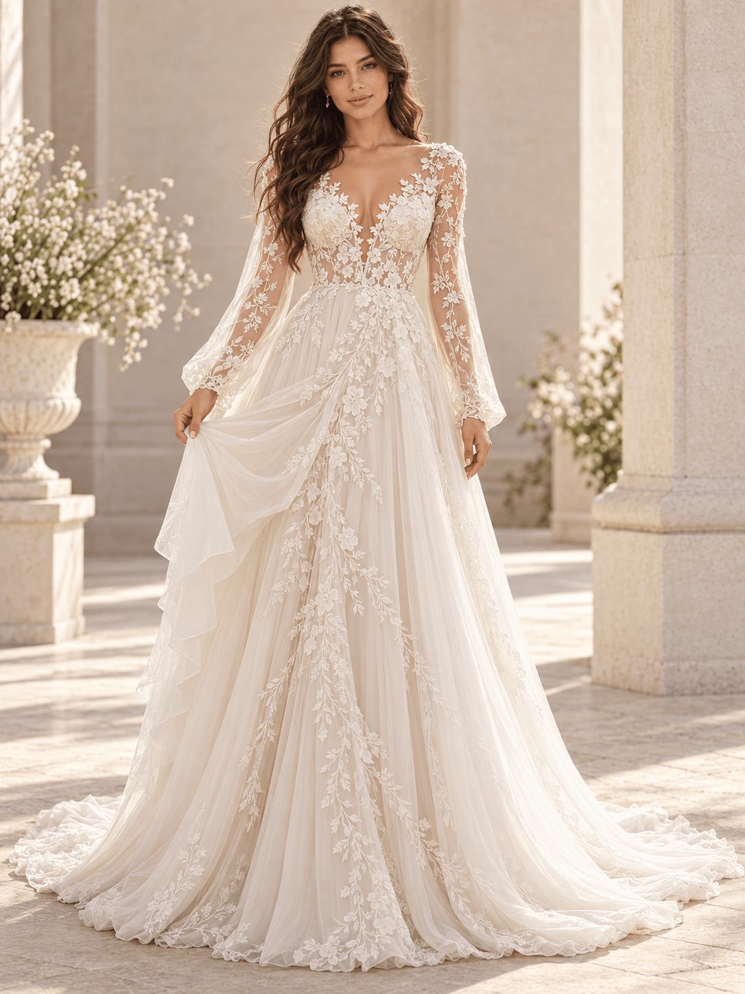 White Long Sleeve V-Neck Lace A-Line Wedding Dress with Botanical Appliqué