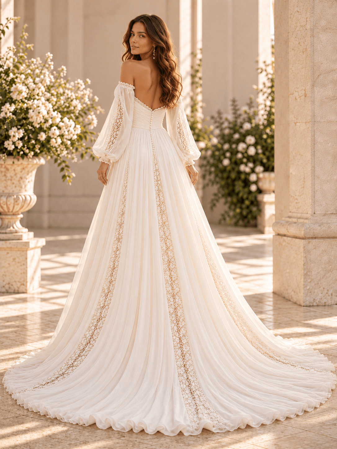 White Off-the-Shoulder A-Line Wedding Dress with Lace Appliqués