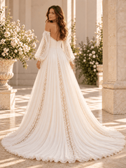 White Off-the-Shoulder A-Line Wedding Dress with Lace Appliqués