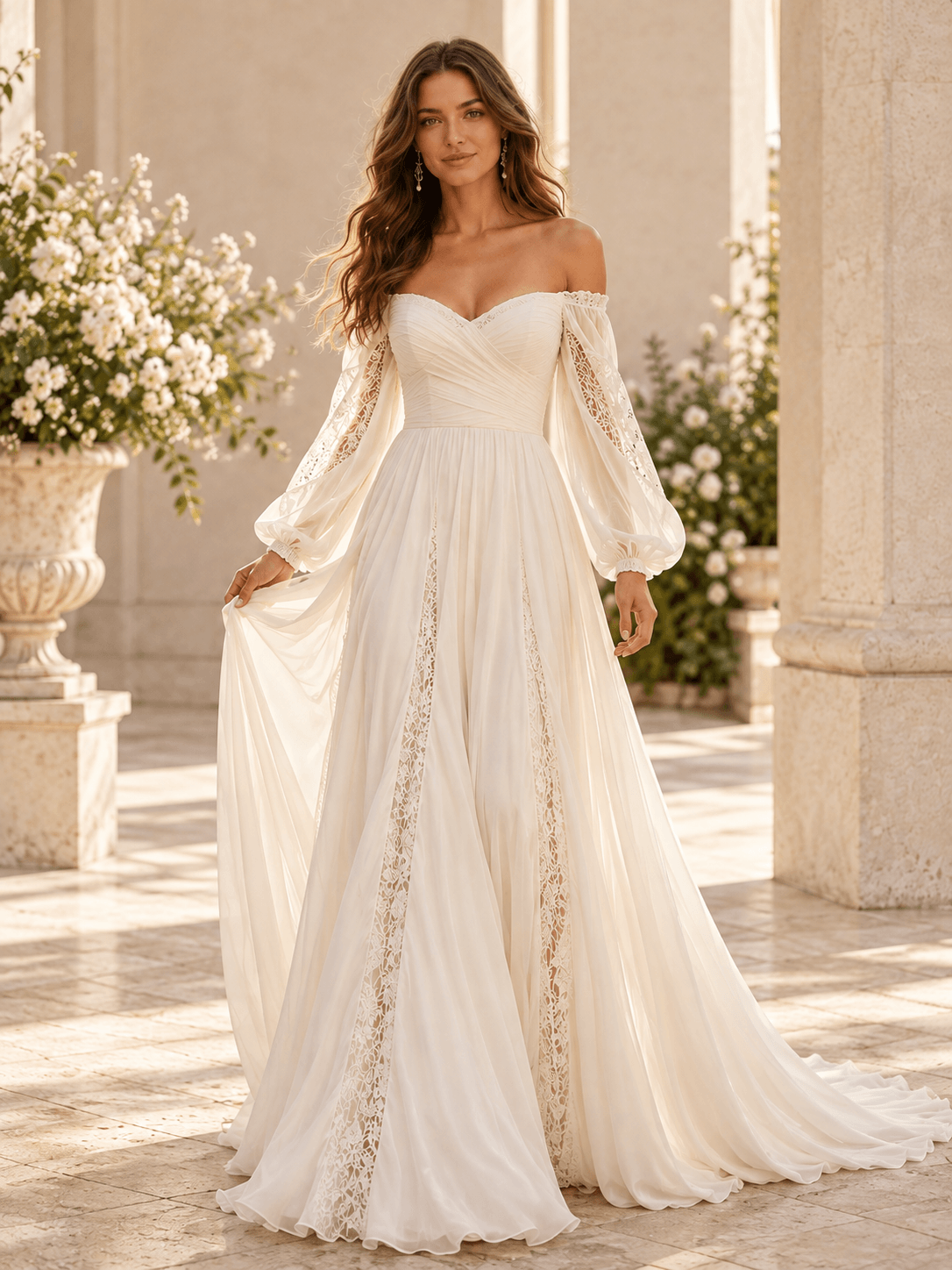 White Off-the-Shoulder A-Line Wedding Dress with Lace Appliqués