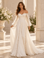 White Off-the-Shoulder A-Line Wedding Dress with Lace Appliqués