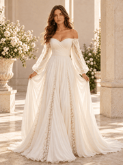 White Off-the-Shoulder A-Line Wedding Dress with Lace Appliqués