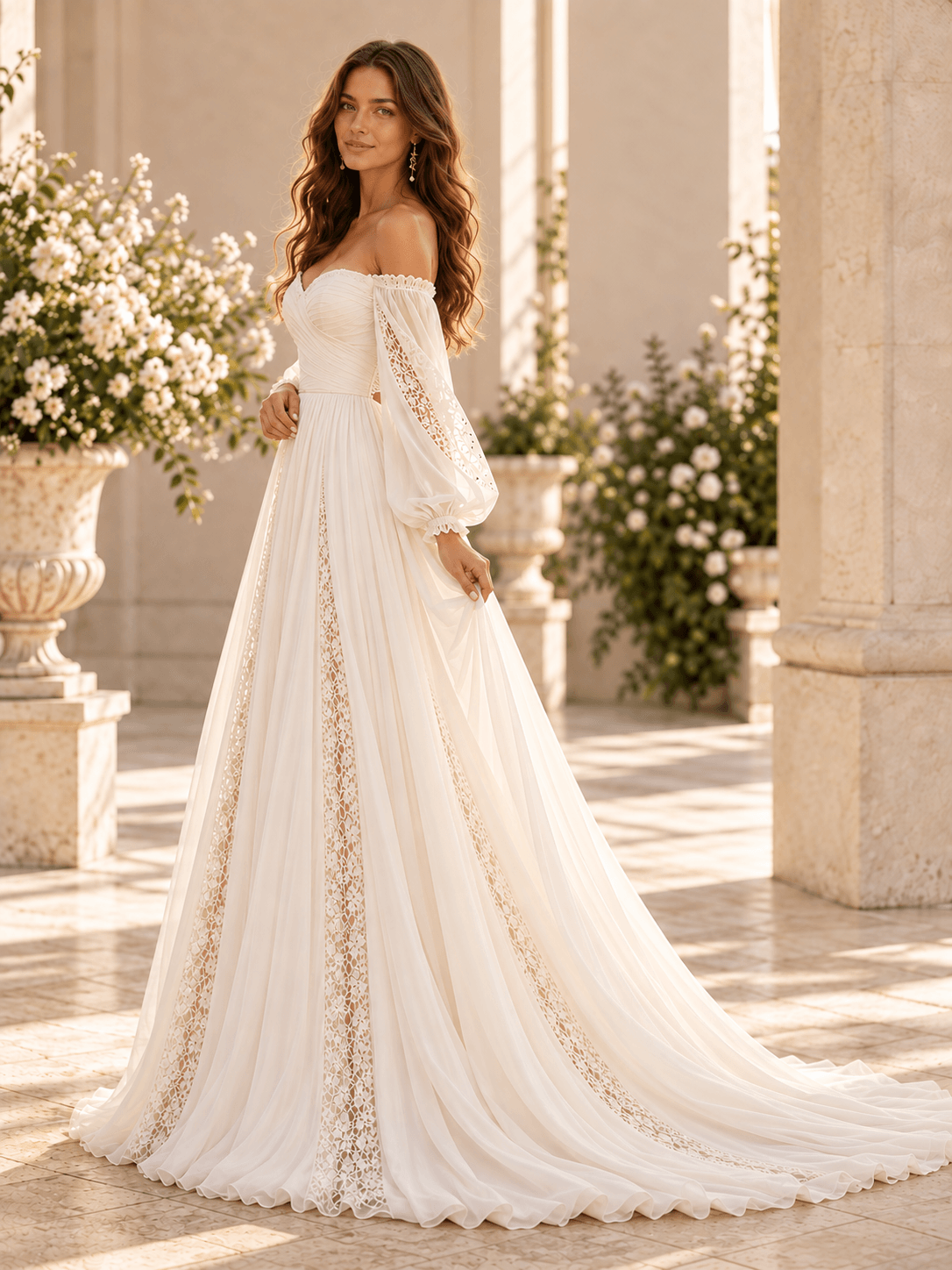 White Off-the-Shoulder A-Line Wedding Dress with Lace Appliqués