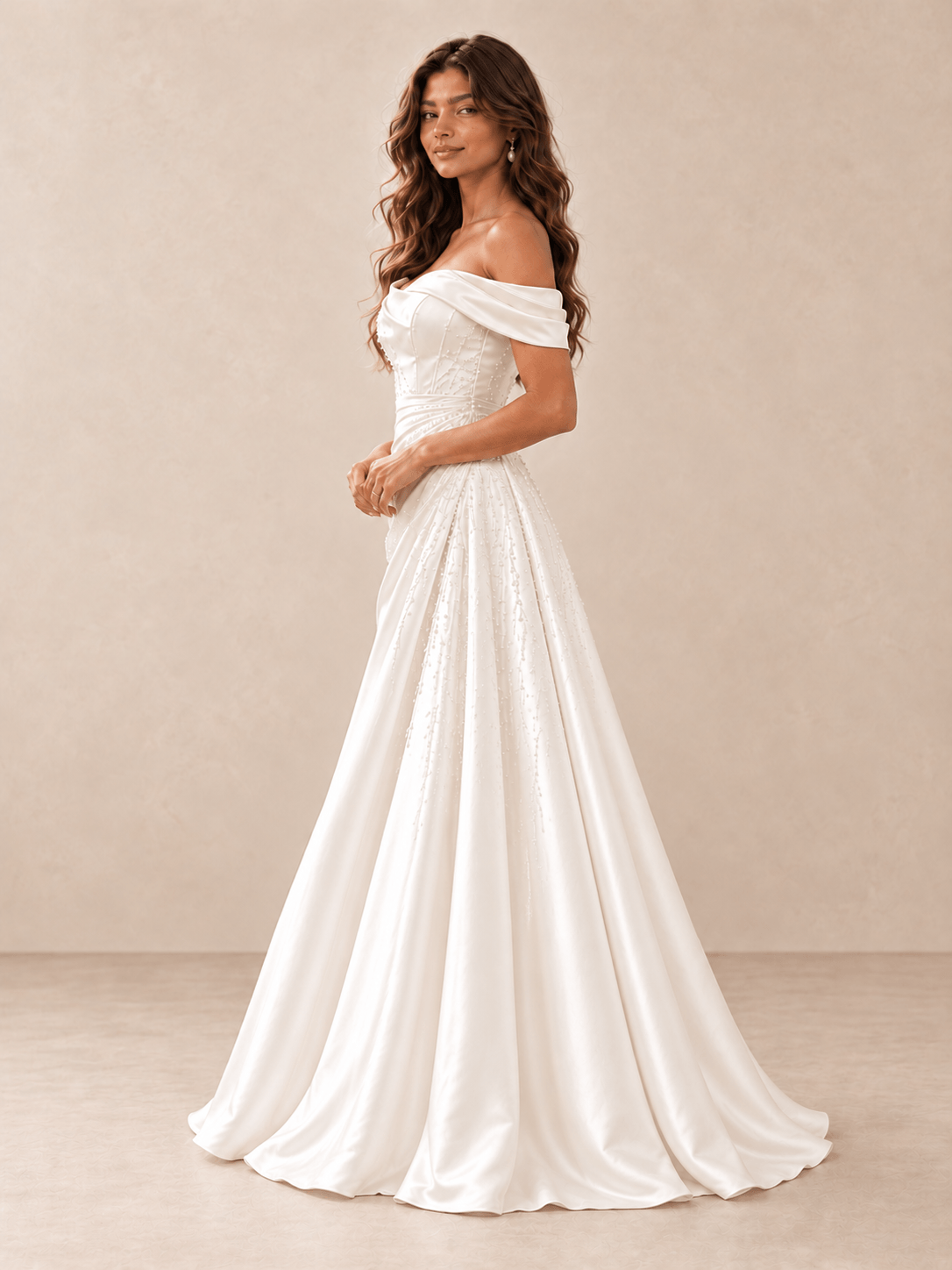 White Off-the-Shoulder Beaded Satin A-Line Wedding Dress with Draped