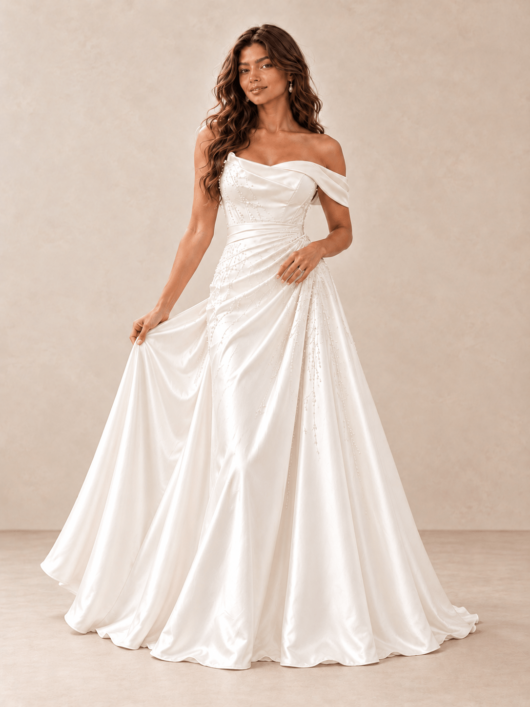 White Off-the-Shoulder Beaded Satin A-Line Wedding Dress with Draped