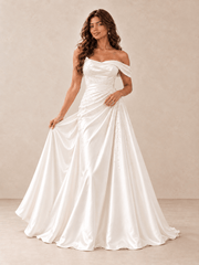 White Off-the-Shoulder Beaded Satin A-Line Wedding Dress with Draped