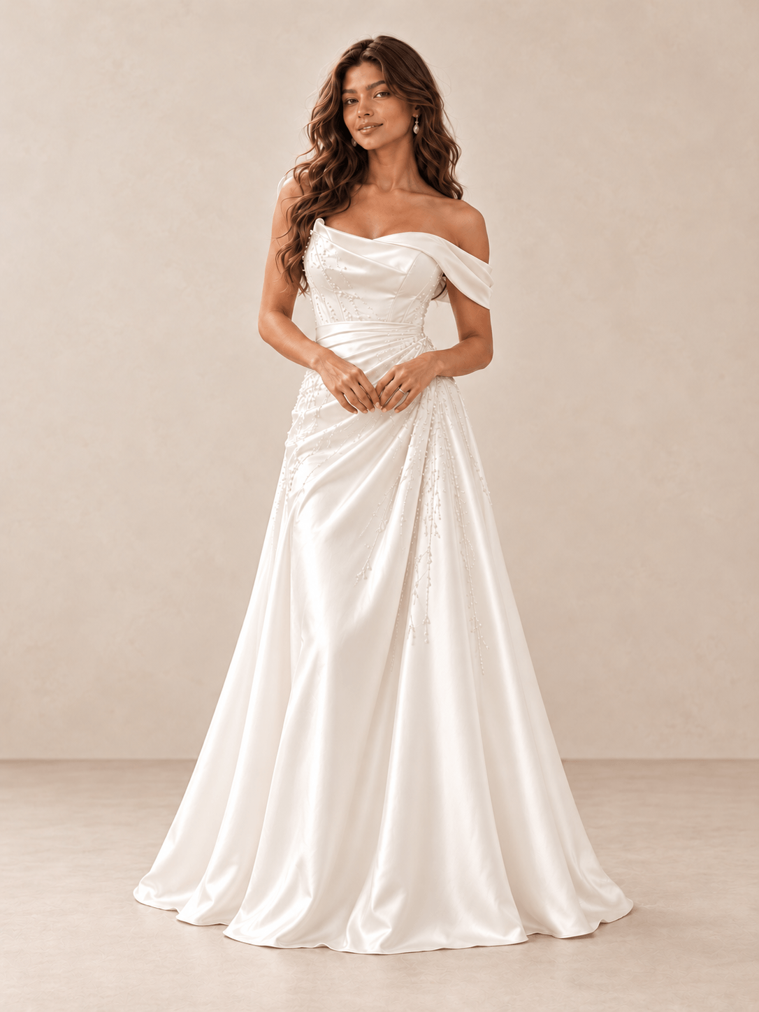 White Off-the-Shoulder Beaded Satin A-Line Wedding Dress with Draped