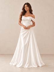 White Off-the-Shoulder Beaded Satin A-Line Wedding Dress with Draped