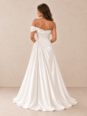 White Off-the-Shoulder Beaded Satin A-Line Wedding Dress with Draped