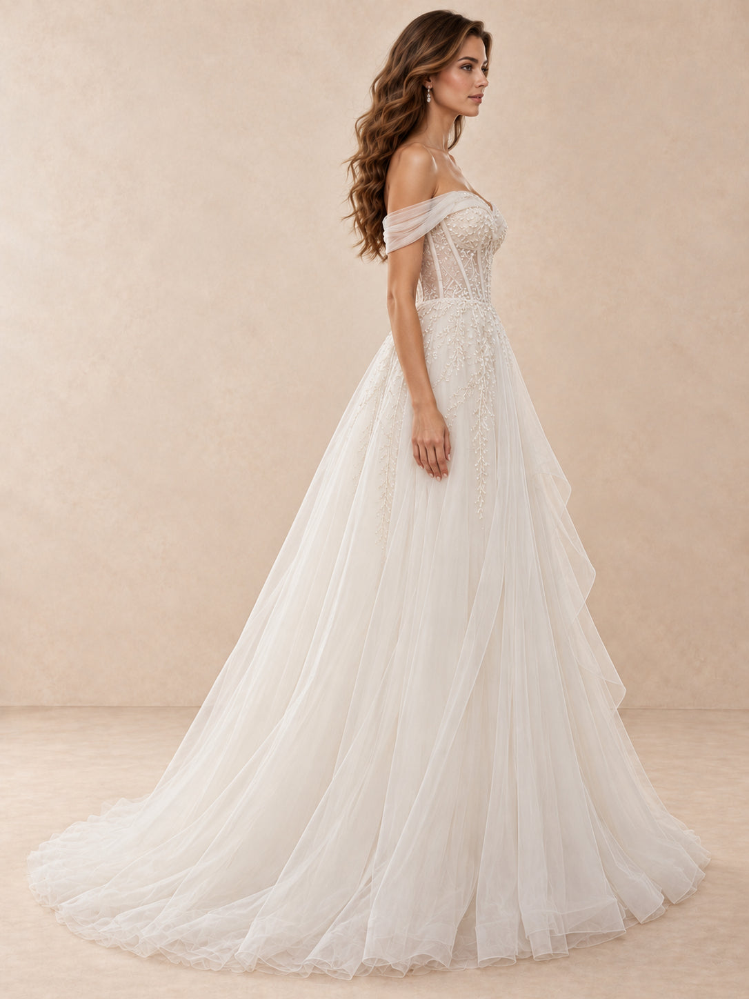 White Off-the-Shoulder Beaded Tulle Ball Gown Wedding Dress