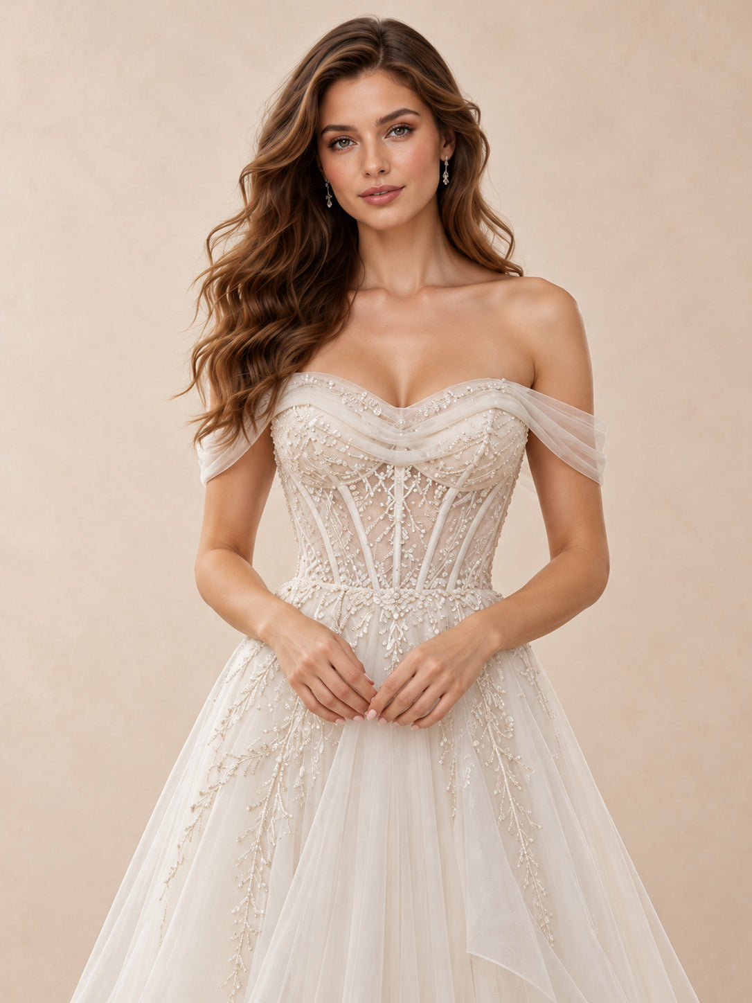White Off-the-Shoulder Beaded Tulle Ball Gown Wedding Dress